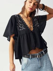 Bohemela Women's Summer Casual Outings, Romantic And Elegant Beachwear, Bohemian West Music Festival Woven Chiffon Ruffled Cover-Up With Rivet Embellishments,Summer Top, Summer For Women, Free And Relaxed Style , Fasching Women Costume, Beach, Summer Vacations - Black - View 6