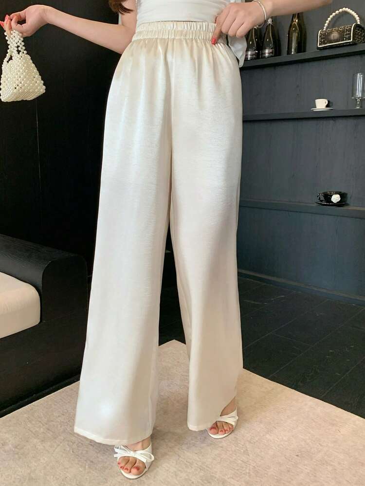 Women's Elegant Solid Color Wide Leg Pants With Elastic Waist, Spring/Summer