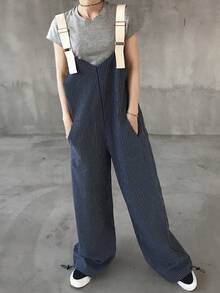 FRIFUL 女士撞色蓝色条纹背带裤，宽松休闲连体裤 - 藍色 - 查看 4