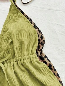 Soleia 2pcs Sexy Leopard Print Halter V-Neck Backless Tie Strap Textured Fabric Camisole, Suitable For Holiday, Date, Afternoon Tea, Vacation, Music Festival, Boho Style - Green - View 5