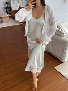 DAZY Elegant Ruffle Collar Petal Sleeve Top & Satin Lace Patchwork Camisole Nightgown Women Sleepwear Set - Green - View 3