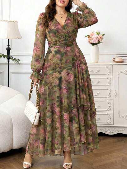 Reflora Đầm maxi dài tay ngắn, họa tiết hoa thanh lịch, dáng suông, chất liệu co giãn, thích hợp cho nữ, thích hợp cho các bữa tiệc lãng mạn.