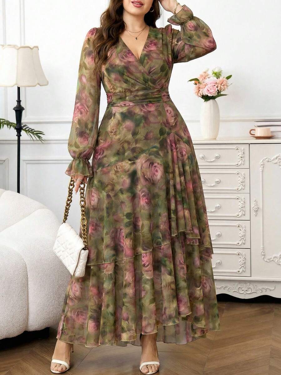 Reflora 大码女士优雅长款印花荷叶边短袖休闲连衣裙，弹力飘逸浪漫派对连衣裙