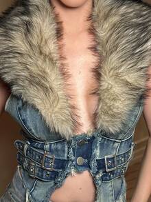 hhfernanda Y2K 女式可拆卸仿毛领牛仔夹克 - 藍色 - 查看 3