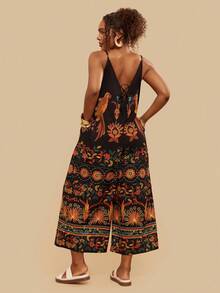 Travachic 大码女式黑色热带植物印花连体裤，吊带V领长裤连体裤，带口袋的岛屿休闲浪漫约会连体裤 - 黑色 - 查看 2