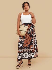 Travachic Plus Size Women's Solid Color Vest Patchwork Print Dress, Wrap Tie Waist Dress, Holiday Casual Beach Dress Plus Size Resort Wear - Multicolor - View 5