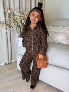 DAZY 2pcs/Set Young Girls Hooded Leopard Print Casual Loose Sweatshirt Jacket And Loose Sweatpants, Korean Style - Brown - View 1