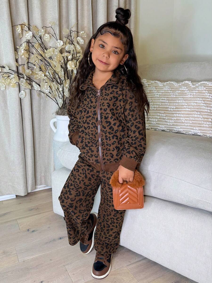 DAZY 2pcs/Set Young Girls Hooded Leopard Print Casual Loose Sweatshirt Jacket And Loose Sweatpants, Korean Style - Brown - View 1