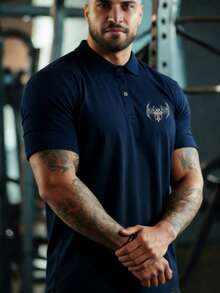 GymBeat 男士十字印花休闲百搭通勤短袖Polo衫 - 藏蓝色 - 查看 5