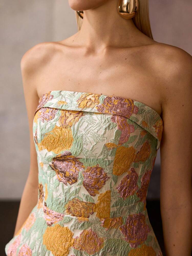 WOMEN'S STRAPLESS SLEEVELESS TOP WITH FLORAL JACQUARD PATTERNS, RUFFLED HEM TOP– IDEAL FOR WEDDINGS, GALA DINNERS, VINTAGE PARTIES & CELEBRATION