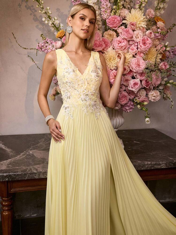 MOTF Soiréza YELLOW CHIFFON SLEEVELESS V NECK DRESS WITH FLORAL EMBROIDERY & SEQUIN APPLIQUE, FITTED TOP, A-LINE PLEATED DRESS WITH SIDE SLIT, BACK CENTRAL ZIPPER – ELEGANT GLAMOROUS STYLE IDEAL FOR EVENING PARTIES, FORMAL DINNERS, WEDDING GUEST EVENTS, GARDEN PARTIES