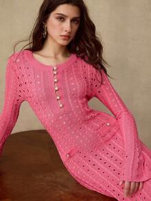 MOTF PREMIUM WOMEN'S SOLID COLOR FLARE SLEEVE FITTED OPEN KNIT SWEATER DRESS - Hot Pink - View 7