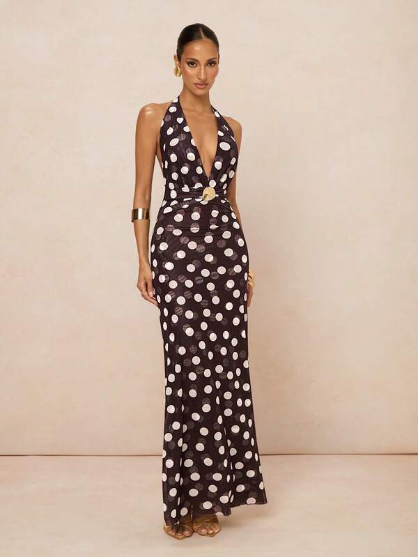 Lumalex Dark Plum‑Brown Polka Dot Halter Deep Plunging V‑Neckline, Central Gold Ring Accent, Ruched Bust Detailing, Adjustable Halter Tie Neck, Open Back Silhouette, Defined Waist Gathering, Body‑Skimming Fit, Lightweight Semi‑Sheer Fabric Maxi Dress, Perfect For Summer, Spring-Break Trips, Cruises, Beach Weekends, Vacations, Parties, Date Nights, Weddings, Proms, Banquets, Birthdays, Carnivals, Festivals, And Other Holiday Events. Showcases Romantic Valentine Vibes, Neo-Girly Charm, Boho-Casual Flair, Quiet Luxury, Business Chic, And Relaxed Vacay Elegance, Bodycon Sleeveless Dress, A Richly Layered, Glitter-Accented Style For Luxury Proms, Receptions, Banquets, Weddings, Raves, Festivals, Holiday Gatherings, Outdoor Evening Occasions-Ideal, Party Looks