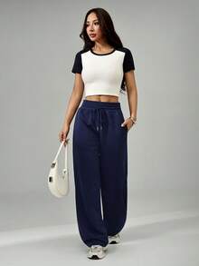 SHEIN PETITE Navy Blue Straight Loose Casual Sweatpants - Navy Blue - View 5