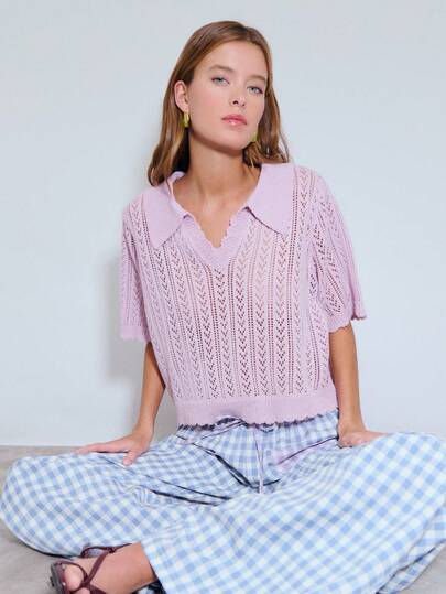 Nöista Lavender Knit Top Openwork Pattern With Short Sleeves And A Polo Collar Neck, Scalloped Edges. Spring, Summer, Easter.