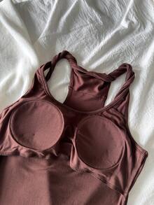 DAZY 1pc Women Minimalist Knit Camisole Top With Built-In Padding - Khaki - View 9