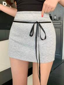 FRIFUL Women's Straight Waist Bow Tie Patchwork Mini Skirt - Grey - View 6