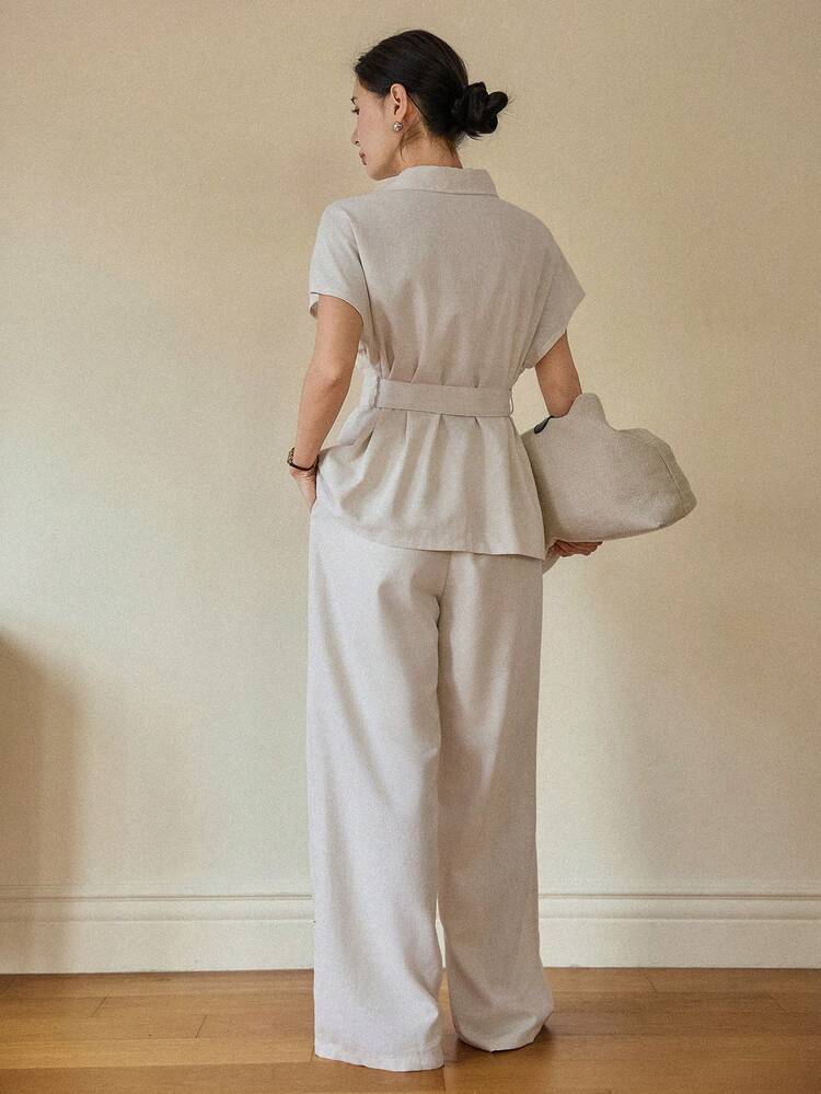 Women's Solid Color Bat Sleeve Shirt And Wide Leg Pants Casual 2 Pieces Set