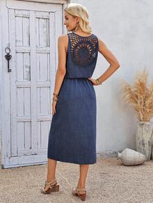 SHEIN LUNE Vestido midi elegante de cintura ceñida con cuello redondo y fruncido en la cintura de unicolor para mujer - Azul - Ver 1