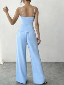 SHEIN Clasi Women's Solid Color Button Camisole And Wide Leg Pants Casual 2 Pieces Set - Baby Blue - View 2