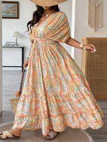 Vionelle Plus Size Boho Multicolor Random Print V Neck A Line Maxi Dress With Batwing Short Sleeves - Multicolor - View 3