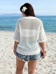 SHEIN EZwear 大码休闲纯色镂空针织毛衣 - 白色 - 查看 3