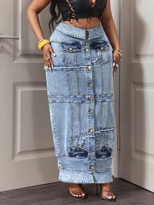 Slaydiva Plus Size Casual Washed Front Button Extra Long Denim Skirt - Blue - View 4