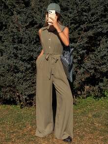 Livesso Women's Sleeveless Collared Jumpsuit With Waist Cinching - Green - View 3