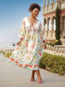 Travachic Rochie maxi cu mânecă lungă și imprimeu floral tropical pentru femei, mărime mare, rochie lejeră cu papion, decolteu în V, spate fără bretele, rochie cu decor cu volane, rochie romantică pentru sărbători și întâlniri insulare - Multicolor - Vizualizare 6