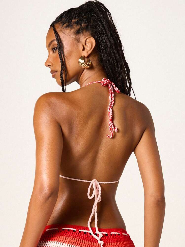 MISSGUIDED Damski szydełkowy komplet bikini w paski z trójkątną górą i szortami z wysokim stanem, strój kąpielowy na plażę i lato