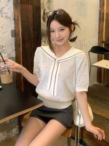 DAZY 女士撞色爱心系带短袖针织上衣，甜美风格，夏季百搭 - 杏色 - 查看 5
