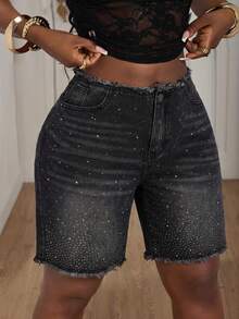 Slaydiva Trang phục mùa hè dành cho nữ, kiểu dáng thường ngày, thích hợp cho tiệc tùng hoặc đi nghỉ mát. Quần short denim màu xám, có túi, cài nút, đính đá và tua rua, kiểu dáng thoải mái, đa năng, phù hợp mặc hàng ngày. - Xám - Xem 5