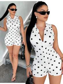 SHEIN SXY Women's Polka Dot Zipper Casual Everyday Vacation Romper,Party,Rave Outfit ,Summer, Spring,Beach,Going Out,Vacation,Y2K,Polka Dot, Polka Dot Romper, Short Romper, - Black and White - View 3