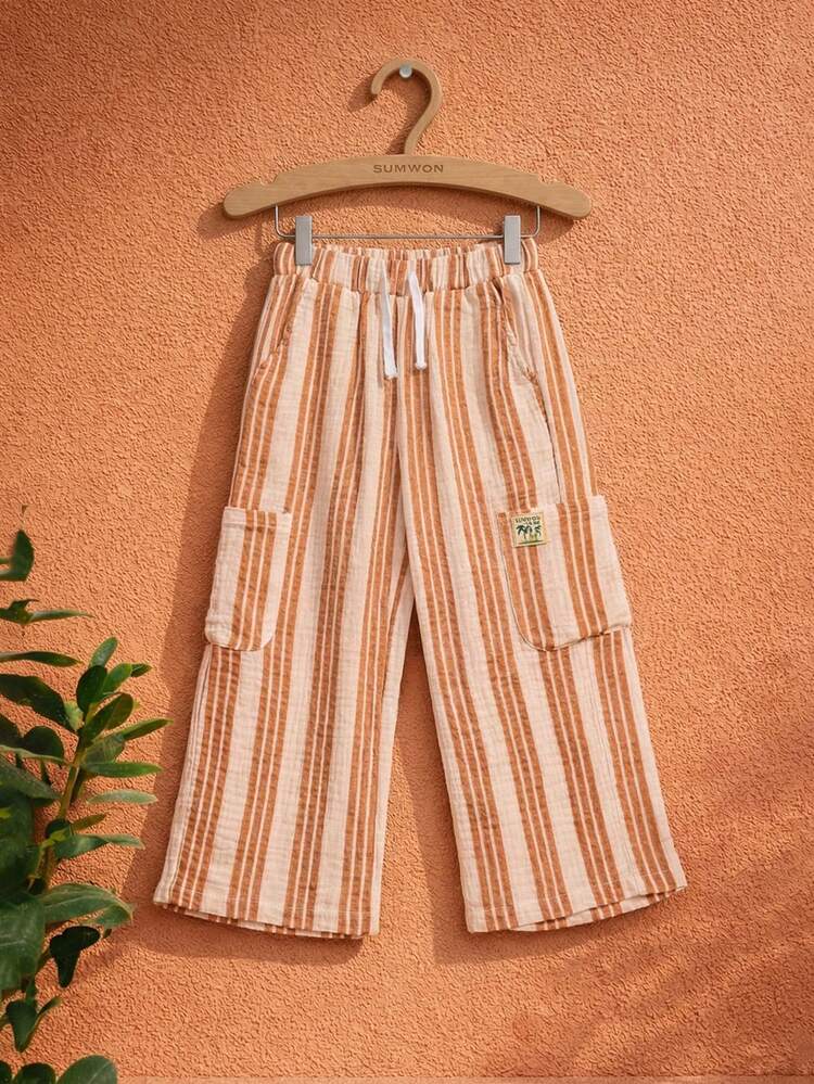Young Boys Striped Cargo Pull On Pants With Elastic Waistband And Side Pockets Casual Everyday Wear