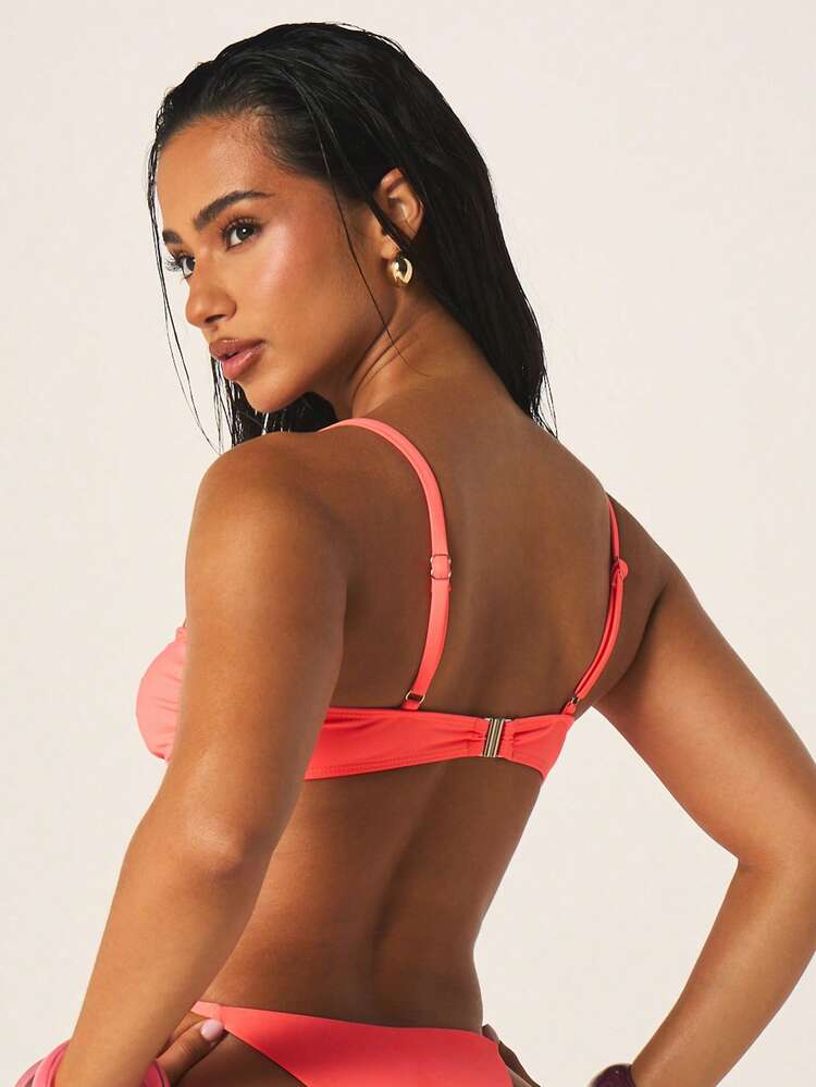 MISSGUIDED Women's Coral Pink Twist Front Bandeau Bikini Set With Side Tie String Bottoms Summer Beach Two Piece Swimwear