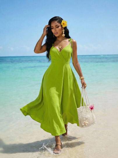 SHEIN Lady Women's Neon Green Knotted Shoulder Strap Dress, Fashionable For Vacation Summer Summer Outfits Summer Clothes Casual Dresses For Women Casual Women's Dresses Beach Vacation Outfits For Women  Summer Dresses Summer Dress Summer Dresses For Women Green Skirt
