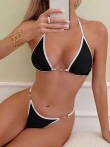 Oceva Women's Sexy Backless Contrast Binding Halter Split Bikini Set, Beach Holiday Style - Multicolor - View 4