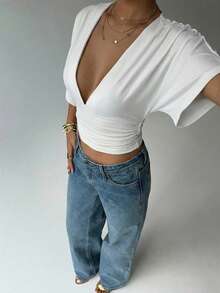 Aloruh Summer New Casual Elegant Batwing Sleeve White Cropped V-Neck Ruched Slim T-Shirt, Shirt, Avant-Garde Y2K T-Shirt Outfit Holiday Outfit Vacation Look Beach Everyday Occasion Outfit Womens Outfit Trending Outfit - White - View 6