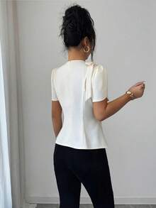 Selianne Asymmetrical Floral Bow Petal Sleeve Blouse,Pearls Decor Waist Linen-Like Fabric Top For Women,Off-White,Summer,Elegant,Tea Party 3d Flower - Apricot - View 2