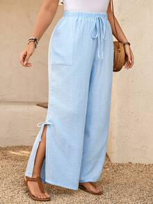 Breezaya Plus Size Women Elastic Waist Loose Straight Leg Long Pants - Baby Blue - View 6