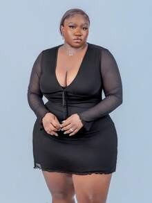 CurvyTilda Vestido de talla grande con cuello en V profundo, decorado con lazo - Negro - Ver 5
