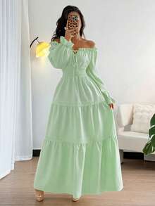 Elenzga 新款女士露肩泡泡袖前系蝴蝶结腰部荷叶边拼接A字连衣裙，休闲度假时尚青春日常百搭优雅长裙，适合春秋季穿着 - 薄荷綠 - 查看 4