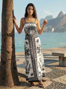 CAJUNI 热带印花露背吊带连衣裙，休闲度假风 - 彩色 - 查看 1