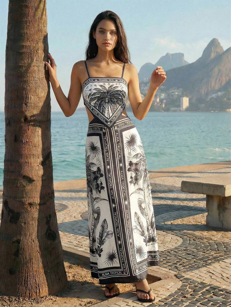 CAJUNI 热带印花露背吊带连衣裙，休闲度假风 - 彩色 - 查看 1