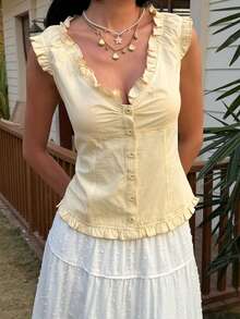 DAZY 女士V领荷叶边休闲修身开衫T恤衫夏季 - 黃色 - 查看 3