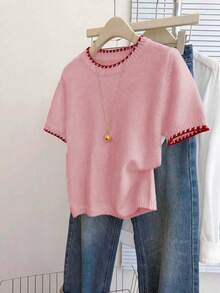 Franclia Top tricoté à manches courtes, col rond, style rétro français, coupe ample, blocs de couleurs, pour femmes, printemps/automne - Rose bonbon - Voir 4