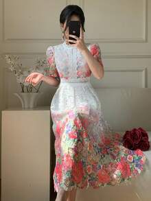 Đầm mùa hè kiểu Pháp cổ điển thanh lịch, phối ren, in họa tiết, thắt eo duyên dáng. - Hồng - Xem 8