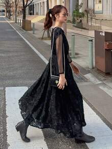 FRIFUL 纯色二合一纹理面料系带宽松休闲连衣裙，喇叭裙摆，可作吊带裙穿着。 - 黑色 - 查看 2