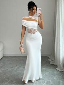 Rafferiza Blanco,Verano,Elegante,Vestido de Invitada de Boda con Encaje,Hombros Descubiertos,Fruncido,Sin Mangas,Cola de Sirena,Ropa Formal de Lujo para Mujeres - Blanco - Ver 3