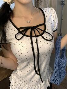 DAZY Women's Polka Dot Twist Ruched Fitted Casual T-Shirt - White - View 8